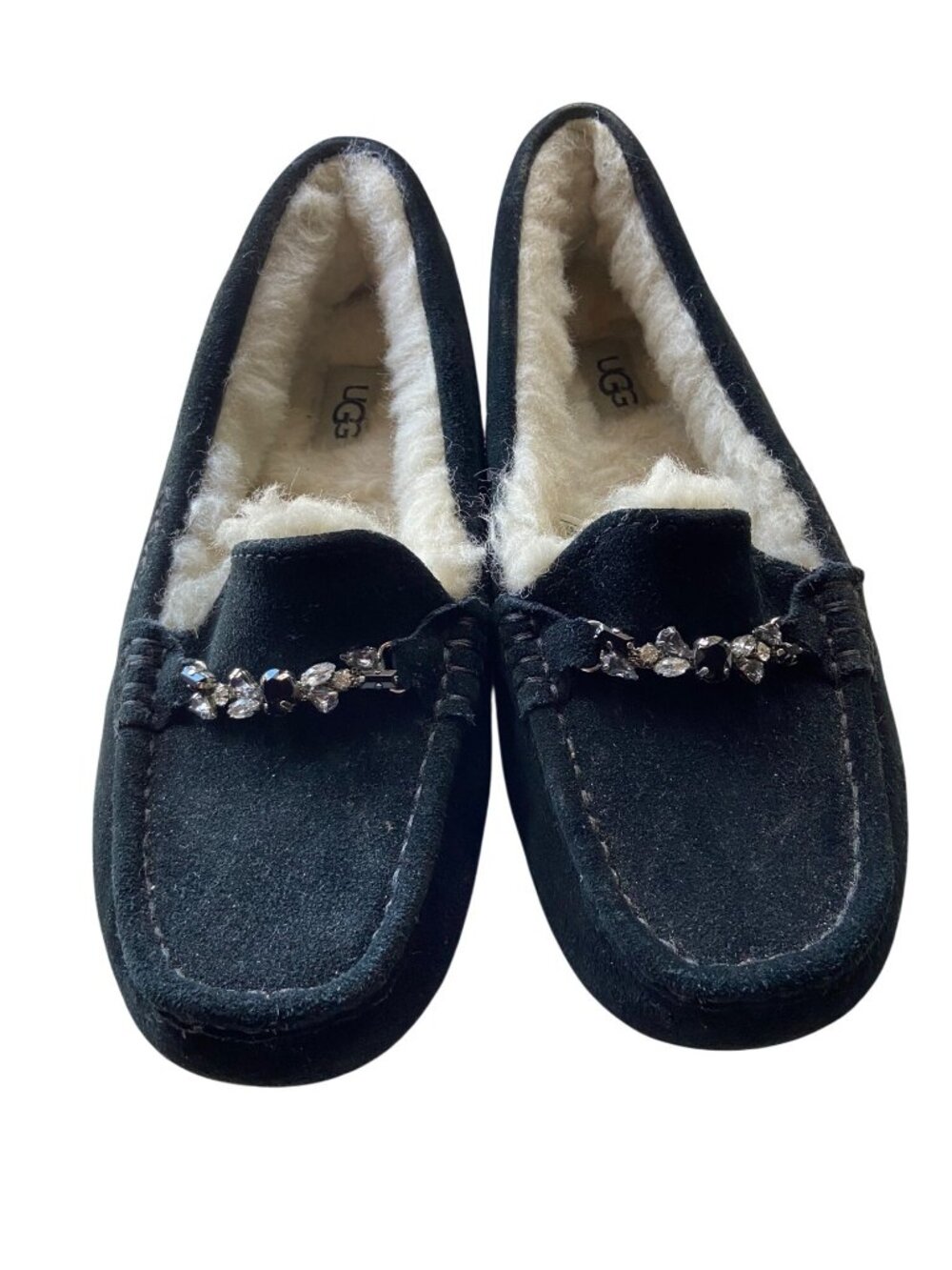 UGG Ansley Crystal Embellished Moccasin Slippers Black Suede Shearling Women's U